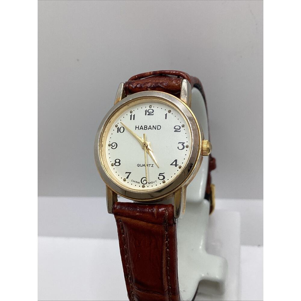 Haband Womens Gold Tone Brown Leather Fashion Watch New Battery!
